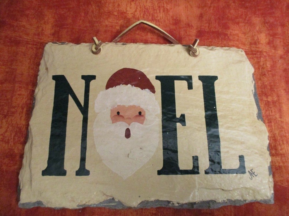 Unique Hand Painted NOEL Christmas Santa Rock 7″ x 5″ Leather Strap for Hanging
