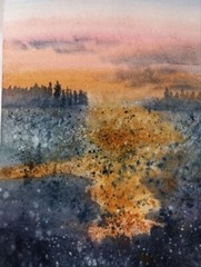 ORIGINAL WATERCOLOR PAINTING LANDSCAPE SANRISE COLORFUL SKY FLOWERS ABSTRACTION