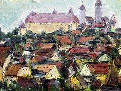 :OIL PAINTING CASTLE HARBURG SWABIA GIANT ° SIGNED KAMINSTKY ANTIQUE MEDIEVAL