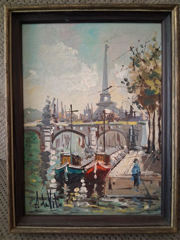 Antonio DeVity Original Oil Painting Paris Eiffel Tower Seine Signed Framed