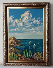 Framed Cactus Seashore Mexican Seascape Sailboats Art 4×6” Oil Painting Original