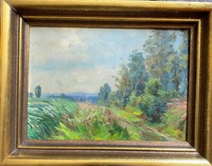 Oil painting Monogr. W.M. 1953 The field path at the wayside Summer landscape