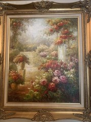 Beautiful European garden scene oil on canvas Framed￼ 27 1/2 “wide￼ 31 1/4 Tall