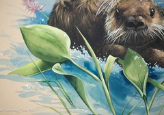 Beautiful Vintage Painting of River Otter and Pup Among The Leafs Signed Elsie