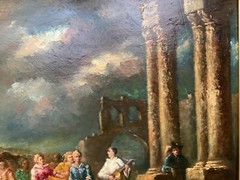 19th Century – French Oil Painting – People in Ruins Comedia Del Arte Pierrot