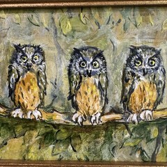 Frederick Wetzel Original Owl Painting Signed Folk Art 3 Owls Framed Miniature