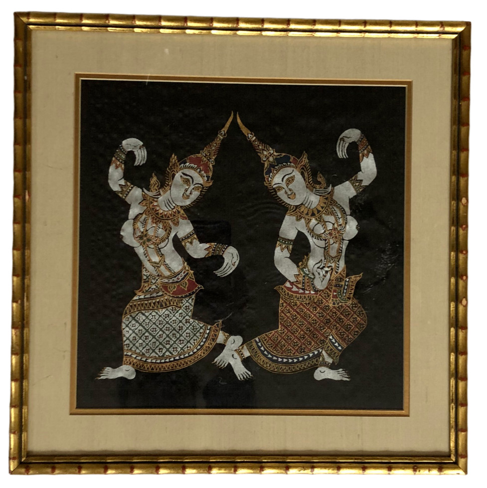 KINNARA Thai Silk Painting/Wall Decor Vintage Asian Bamboo Frame Ethereal Beauty