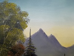 Bob Ross style Mountain Cabin landscape oil painting 16×20