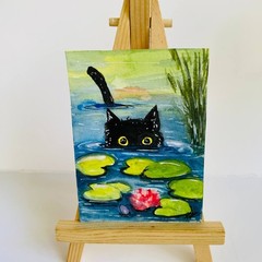 Black Cat Water Lily Pond Original Watercolor Painting ACEO OOAK Whimsical Art