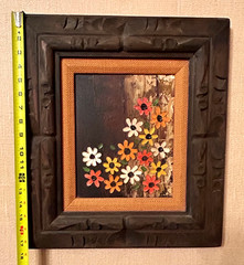 VTG Retro 1970s Mexican Oil Painting ~ Daisies ~ Hand Carved Frame ~ 16×18″