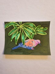 ACEO Original Acrylic Painting Small Colorful Bird on Branch by Kiva