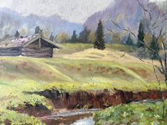 Oil Painting Spring Voralpen Meadows Alm Hut Bach River Shore Antique Mountains
