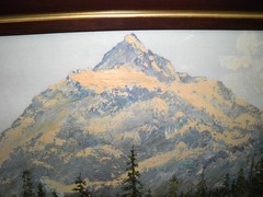 c1970’s Vtg. Alpine Mountain Lake Scene Oil Painting in Original Lrg Wood Frame