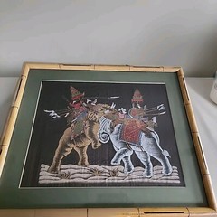 Vtg Silk Painting Indian/Thai Mughal Battle Scene With Elephants Fabric 26x22in