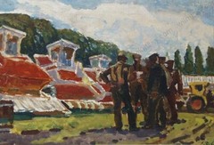 Anatoli Dovzhenko (1932-1991) „Kolkhoz Machine Operators“ Oil Painting, 1961 (1)
