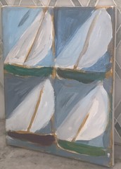 OOC Sailboats Collage Canvas Modern 8”X10” Blue White Green Brown Yellow Stormy