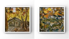Swiss Alpine Chalet Autumn Forest Landscape Switzerland Set of 2 Oil Paintings