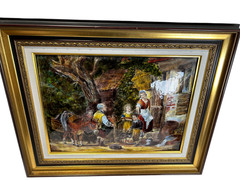 Pierre Bonnet Limoges Enamel on Copper Silver Foil Plaque Village Scene C. 1955