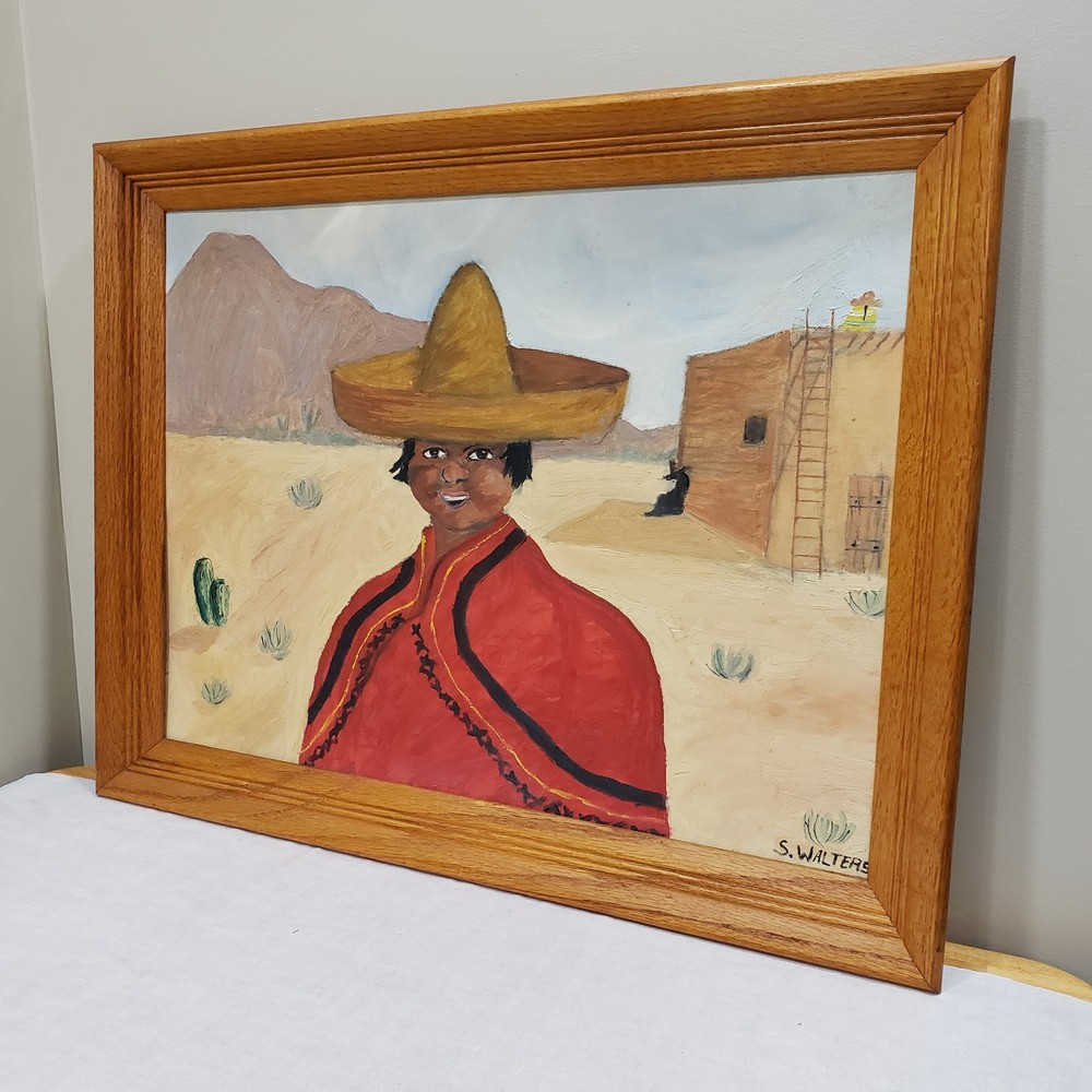 Original Oil Painting Framed Southwestern Boy Portrait Folk Art Desert Scene