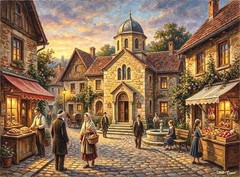 Jewish Street. Synagogue. Judaica. 16×20″ with mat frame. Painting Giclee canvas