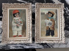 VINTAGE ART OIL ON CANVAS PAPER BOY & FLOWER GIRL SIGNED by ARTIST MARINI