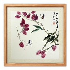 Original Chinese Ink Wash Painting Framed Lychee Fruit & Longhorn Beetle