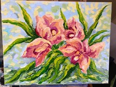 Floral artwork Original Oil painting Orchids in Sunlight 14” x 11” pink flowers