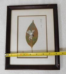 HAND PAINTED LEAF ~ PICTURE w WOODEN FRAME ~ asian artwork art Bird Stork Crane