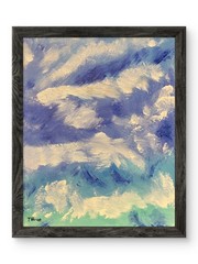 Original Abstract Ocean Painting Coastal Acrylic Art Blue White Waves Clouds