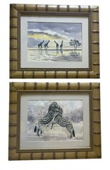 2 African Safari Watercolors. Zebras And Giraffes. Signed. Faux bamboo Frames