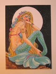 Mermaid Aceo Beauty Title: GOLDEN GLOW Moonlight stars Collectable PRINT L.E.