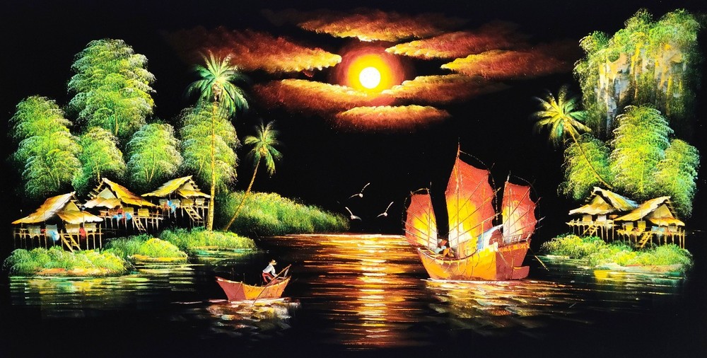 Oriental Landscape #A4- 24×48 -Hand Painted Oil Painting on Black Velvet Canvas