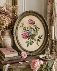 Vintage Oval Floral Painting on Fabric Signed Letty Bryant | Hand Painted Roses