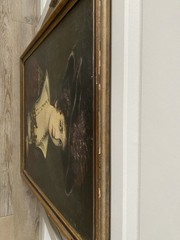 Antique Oil Portrait Lady in Red Dress Hat Pearls Framed Canvas As-Is