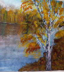paintingOriginal autumn watercolor landscape with river, reflection, trees, birc