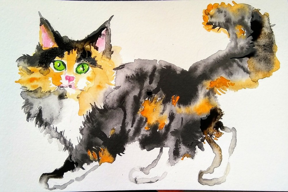 Original cat art Watercolor painting,pet lover bestgift,calico Maine Coon kitten