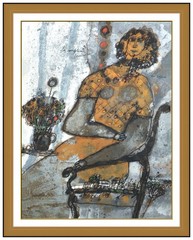 Theo Tobiasse Original Oil Gouache Painting Female Portrait Signed Modernism Art