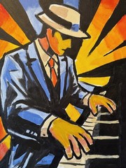 Abstract Jazz Piano Player Painting 11×14 Cubist Musician Art Original