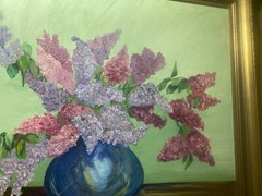 Vintage „Still Life With Flowers In Blue Vase Scene“ Oil Painting -Signed/Framed