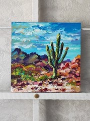 Original oil painting Arizona Cactus Saguaro artwork Landscape wall art 8*8 in