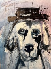 SAMATOWIC Original Abstract Neo-Expressionism 12×16 Dog with Hat Signed Art 521