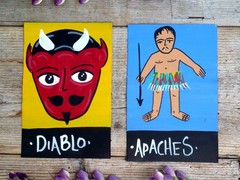 2 Tin Paintings Loteria Devil & Apache Indian Hand Painted Mexico Folk Art Sm Sz