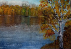 paintingOriginal autumn watercolor landscape with river, reflection, trees, birc