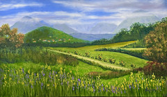 Impressionist Landscape Painting – Mountains, Meadow, Trees & Blue Sky
