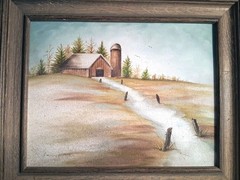 1980’s OOAK Oil on Canvas Art Piece:“Barn with Silo In The Field“; Thick Frame!