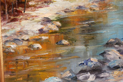 Original Art Painting OIL ON CANVAS Signed M.BAKER Framed AUTUMN MOUNTAIN STREAM