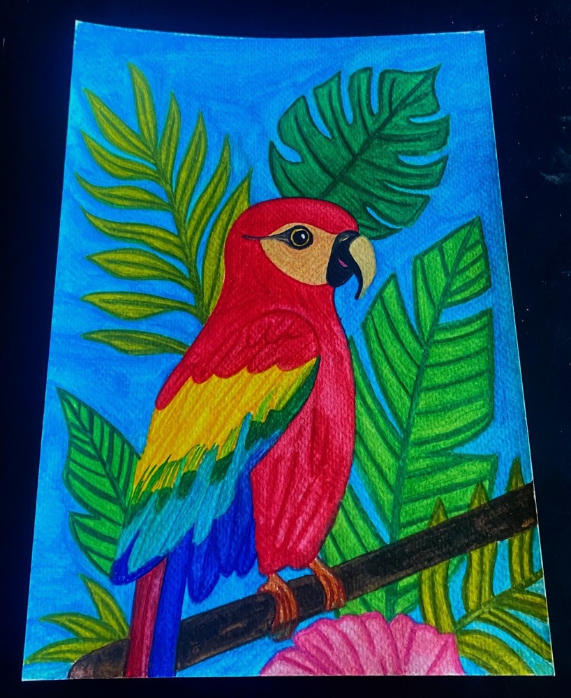 ,COLOR PARADISE,bird watercolor,tropical,bird,color,leaves,sky