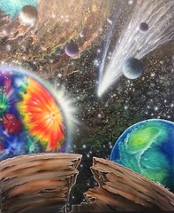 WILD GALAXY PLANETS AND COMET Fluid pour/airbrushed original painting