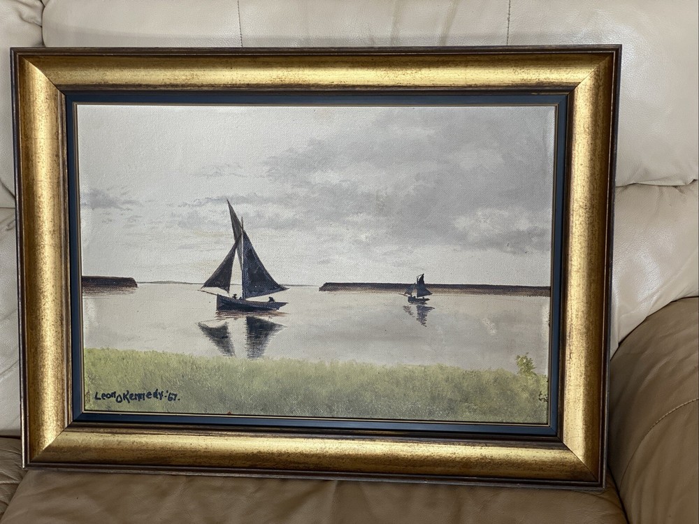LEON O KENNEDY OIL ON BOARD RIVER SAILBOAT IRELAND OCEAN LANDSCAPE PAINTING 1967