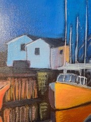 Original Impressionist 8×8 Sailboat Harbor Acrylic Panel Painting Signed Blue